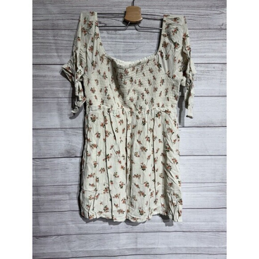 American Eagle Tie Sleeve Smocked Mini Dress Women's MEDIUM Cream Ditsy Floral